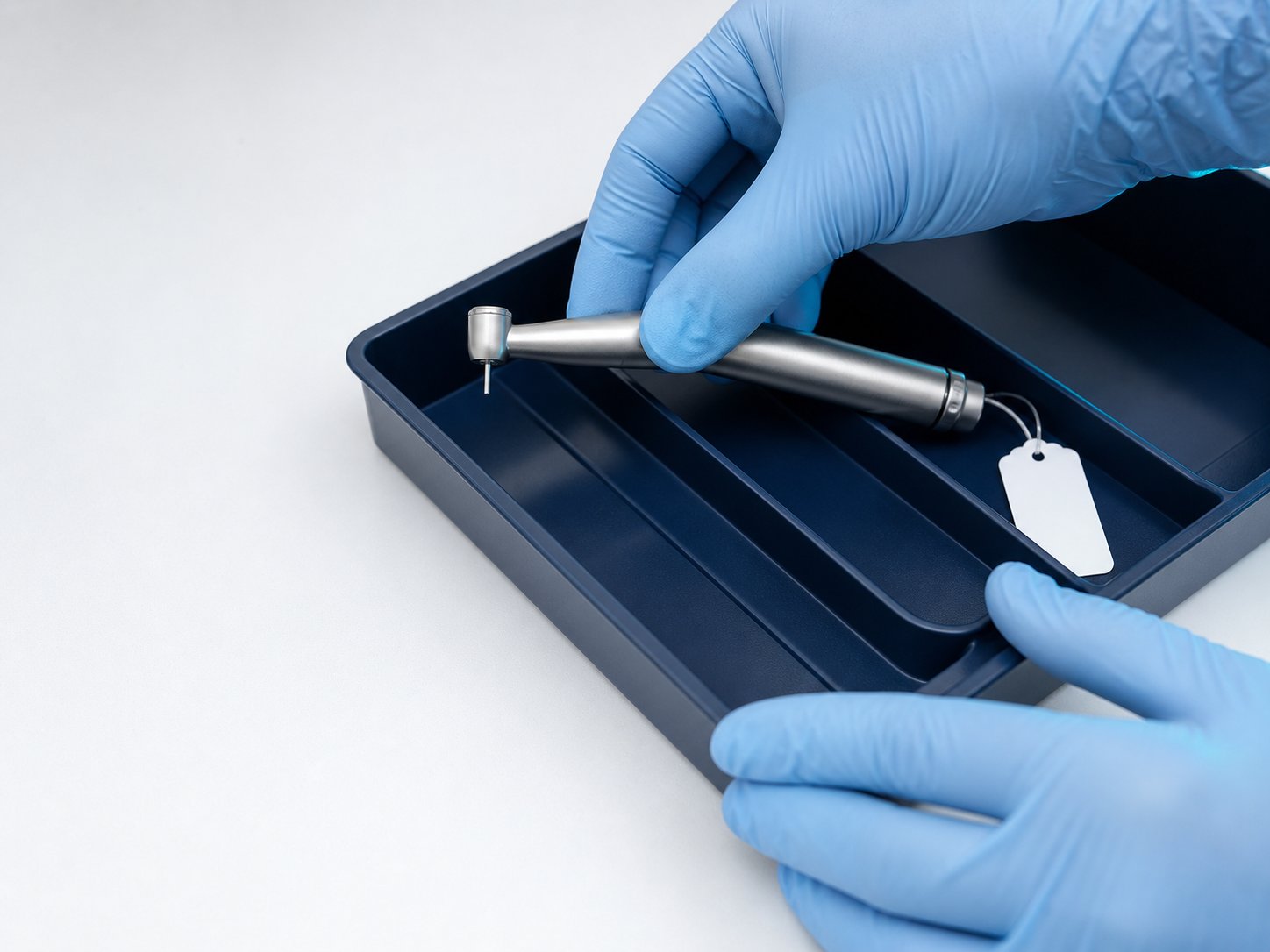 Gloved hands checking a handpiece into an intake tray