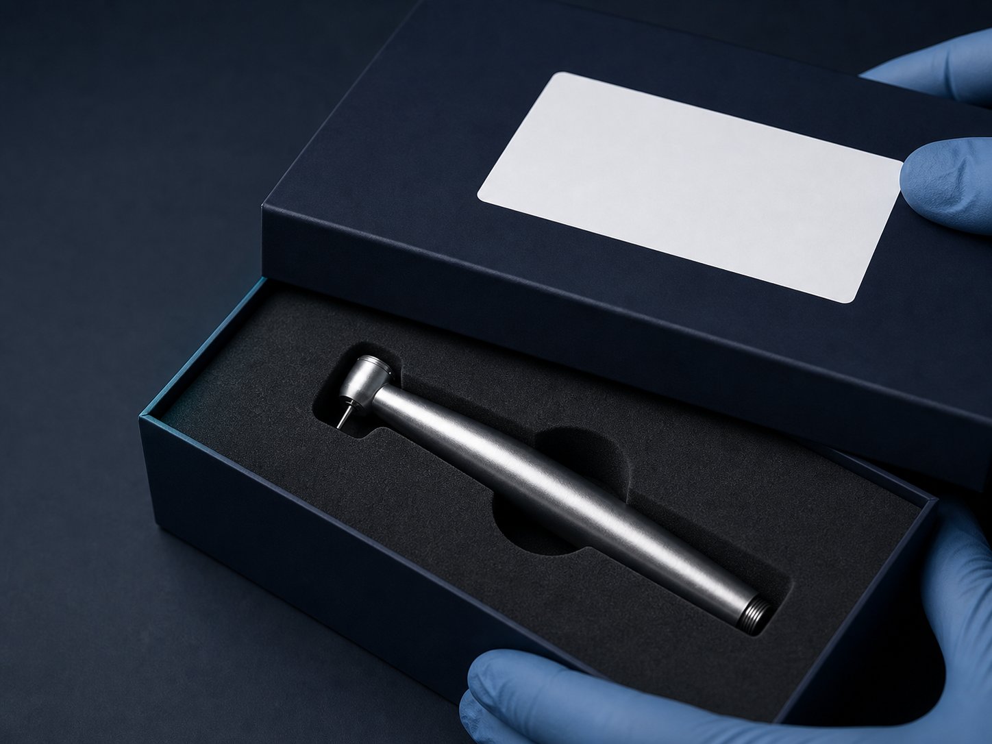 A handpiece secured in a foam-lined shipping box